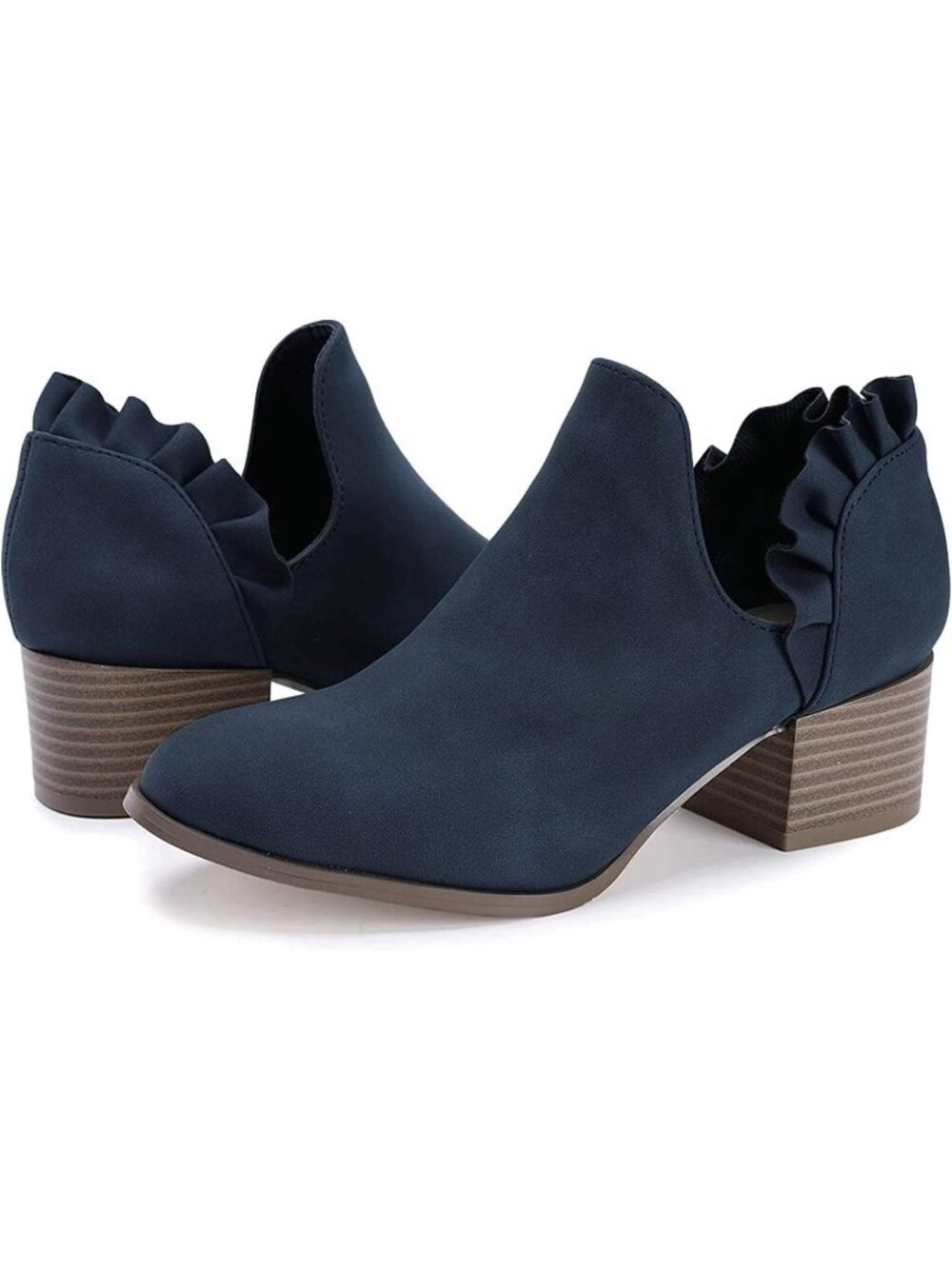 Women's Navy Faux Leather Fall Cutout Low Stacked Ruffle Slip On Ankle Booties - Picture 1 of 5